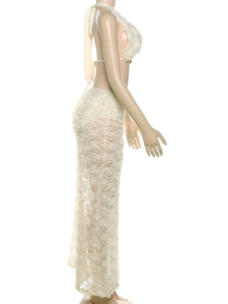 Sisterlinda 3d Flower Applique 3Piece Set Women Halter Metal Buckle Camisole+Briefs+See Through Long Skirts Ruched Elegant Suits