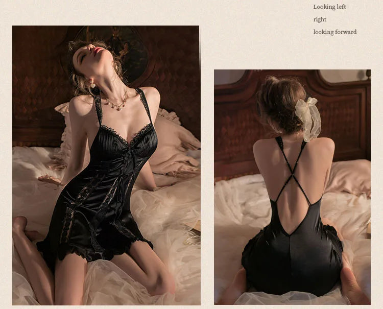 Silky Gauze Floral Nightdress Lingerie Ice Silk Lace Strap Sleepwear