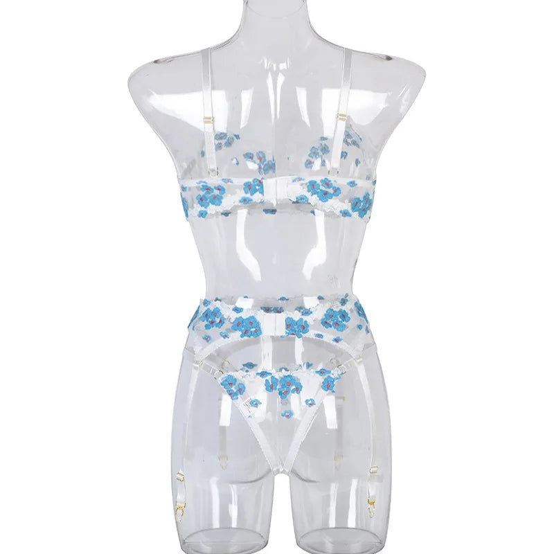 Floral Lace Transparent Bra & Thong Lingerie Set (3pcs)