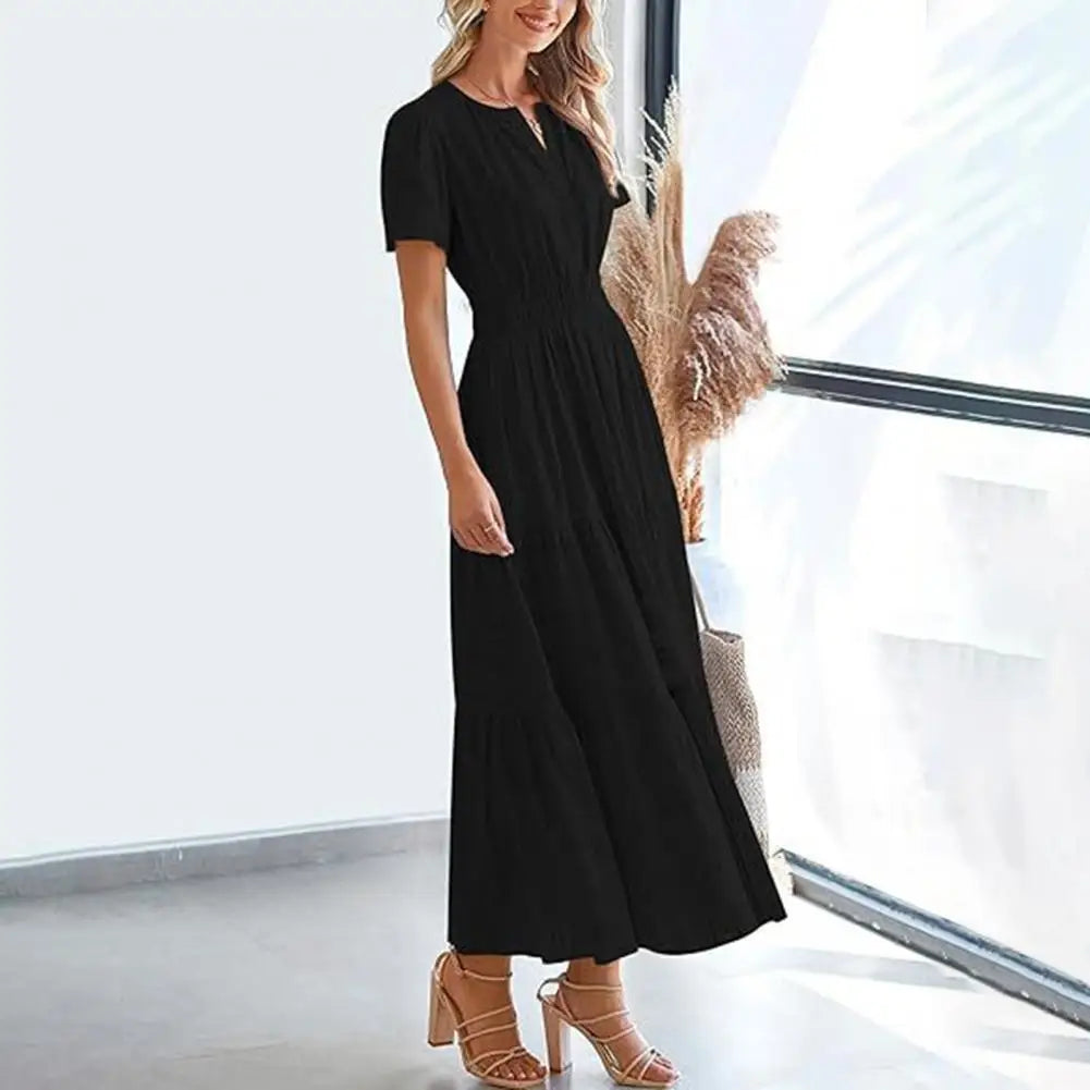 Celebration Party Outfit Elegant V-neck Maxi Dress with Smocked Waist Tiered Flowy Design for Women Summer Pleated Long Dress