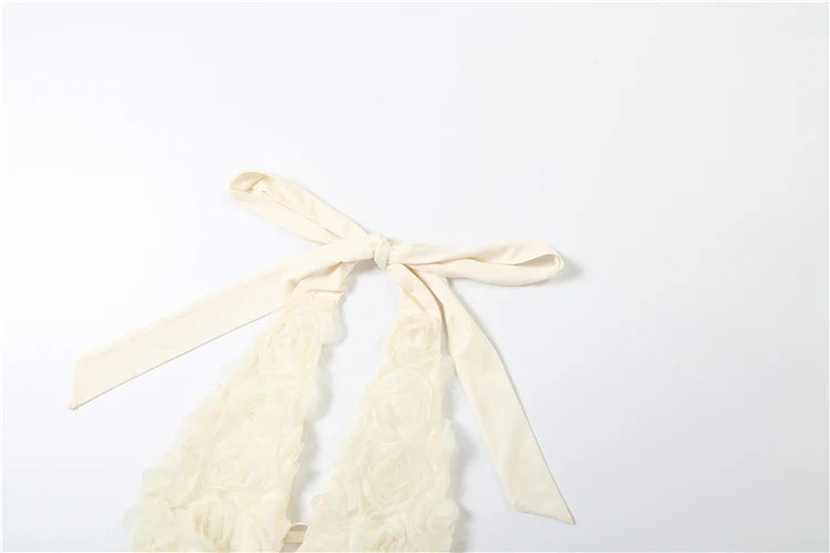 Sisterlinda 3d Flower Applique 3Piece Set Women Halter Metal Buckle Camisole+Briefs+See Through Long Skirts Ruched Elegant Suits