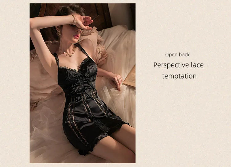 Silky Gauze Floral Nightdress Lingerie Ice Silk Lace Strap Sleepwear