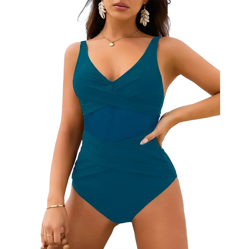 Women’s Rose Ruched Push-Up Tummy Control One-Piece Swimsuit