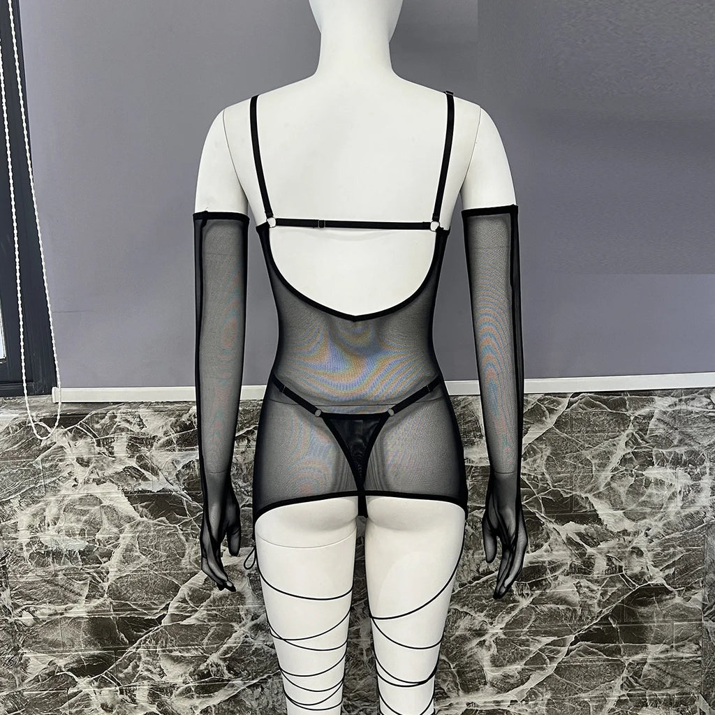 4-Piece Sheer Mesh Lingerie Set – Backless Sexy Nightwear