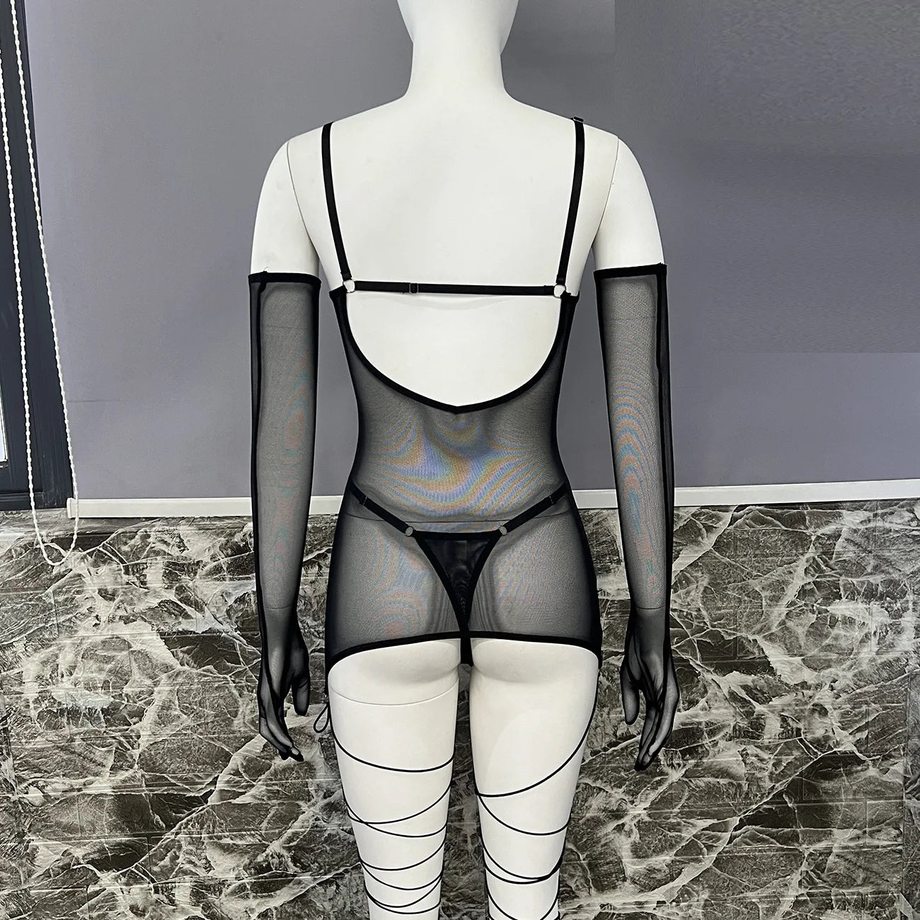 4-Piece Sheer Mesh Lingerie Set – Backless Sexy Nightwear