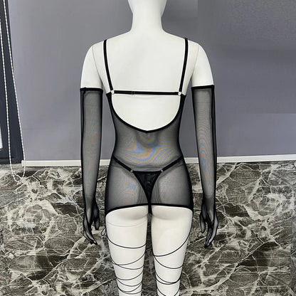 4-Piece Sheer Mesh Lingerie Set – Backless Sexy Nightwear