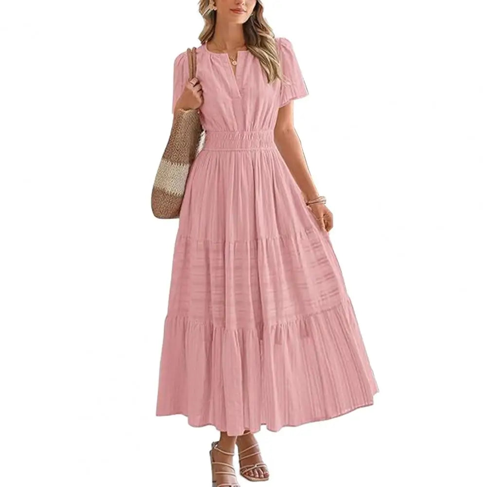 Celebration Party Outfit Elegant V-neck Maxi Dress with Smocked Waist Tiered Flowy Design for Women Summer Pleated Long Dress