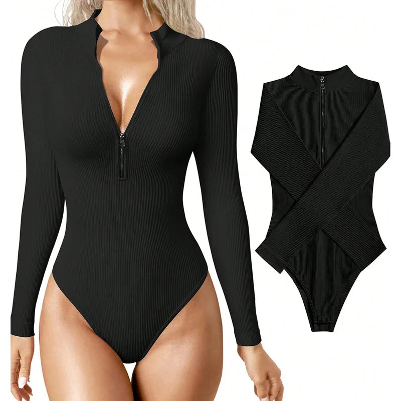 Seamless Long Sleeve Athletic Bodysuit – Half Zipper Quick-Dry Yoga & Fitness Wear