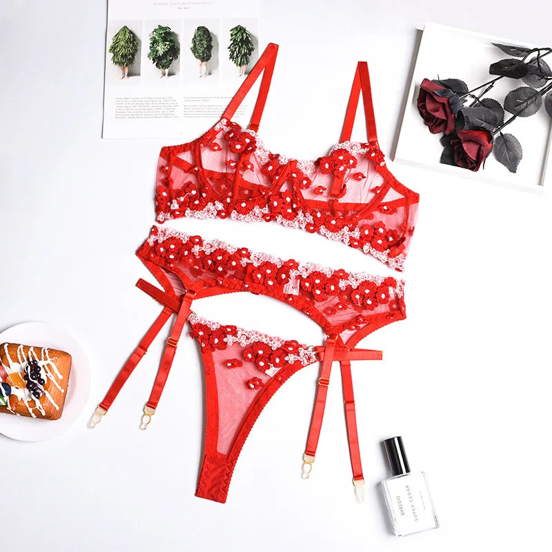 Floral Lace Transparent Bra & Thong Lingerie Set (3pcs)