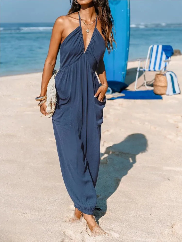 Sexy Deep V-neck Pleated Women Jumpsuit 2025 New Spring Summer Fashion Solid Color Pocket Halter Neck Backless Foot Binding Suit