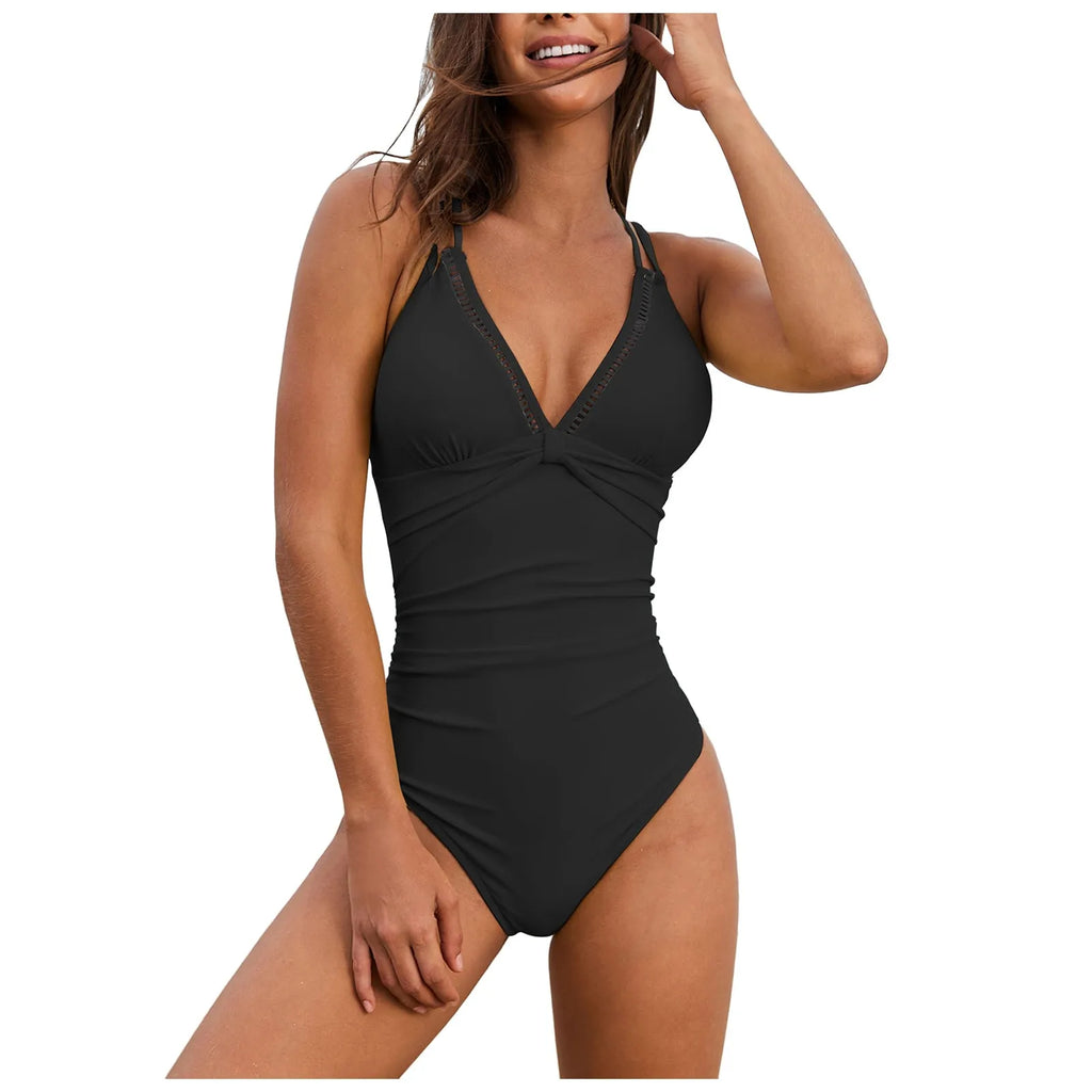 Women’s Deep V Neck Ruched One-Piece Swimsuit
