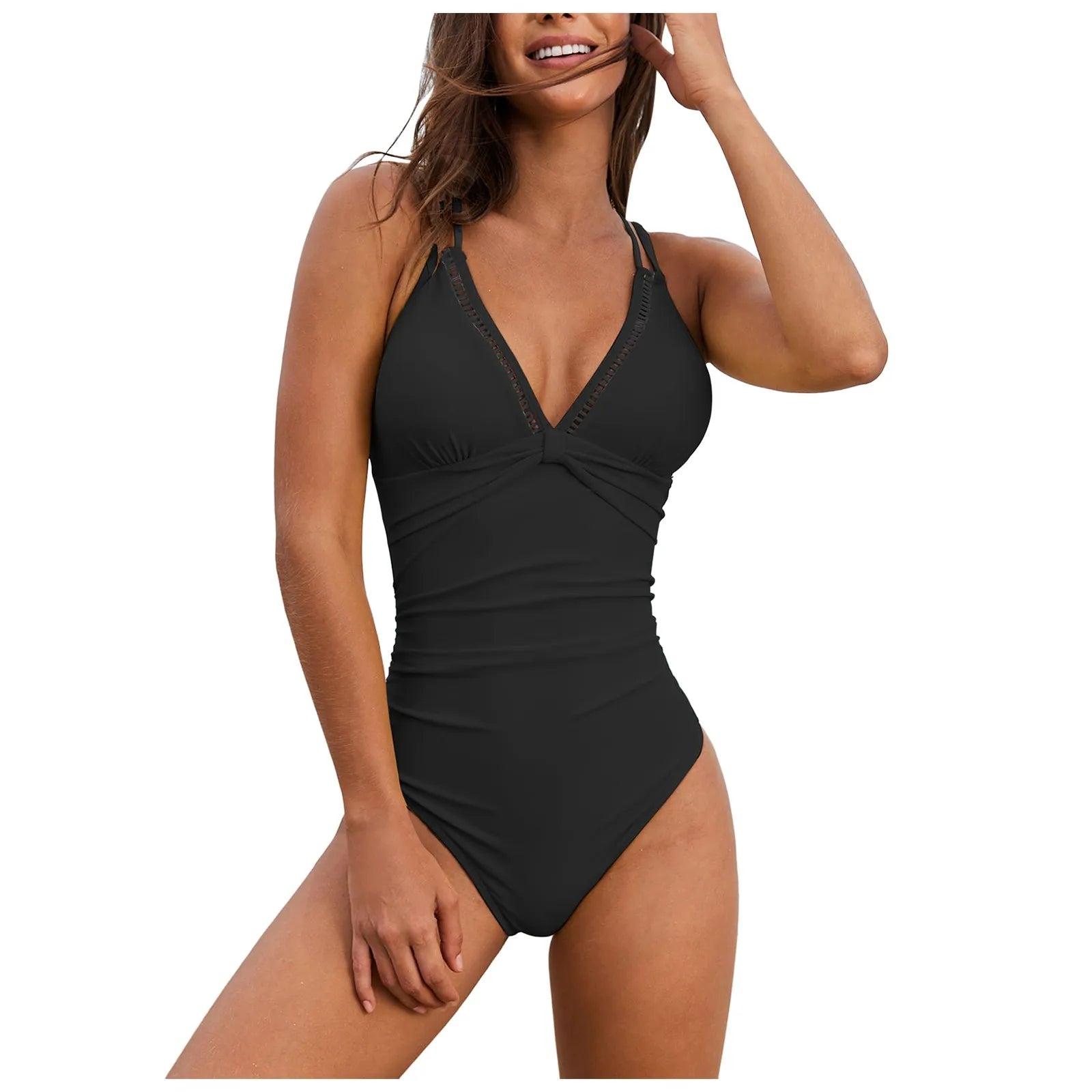 Women’s Deep V Neck Ruched One-Piece Swimsuit
