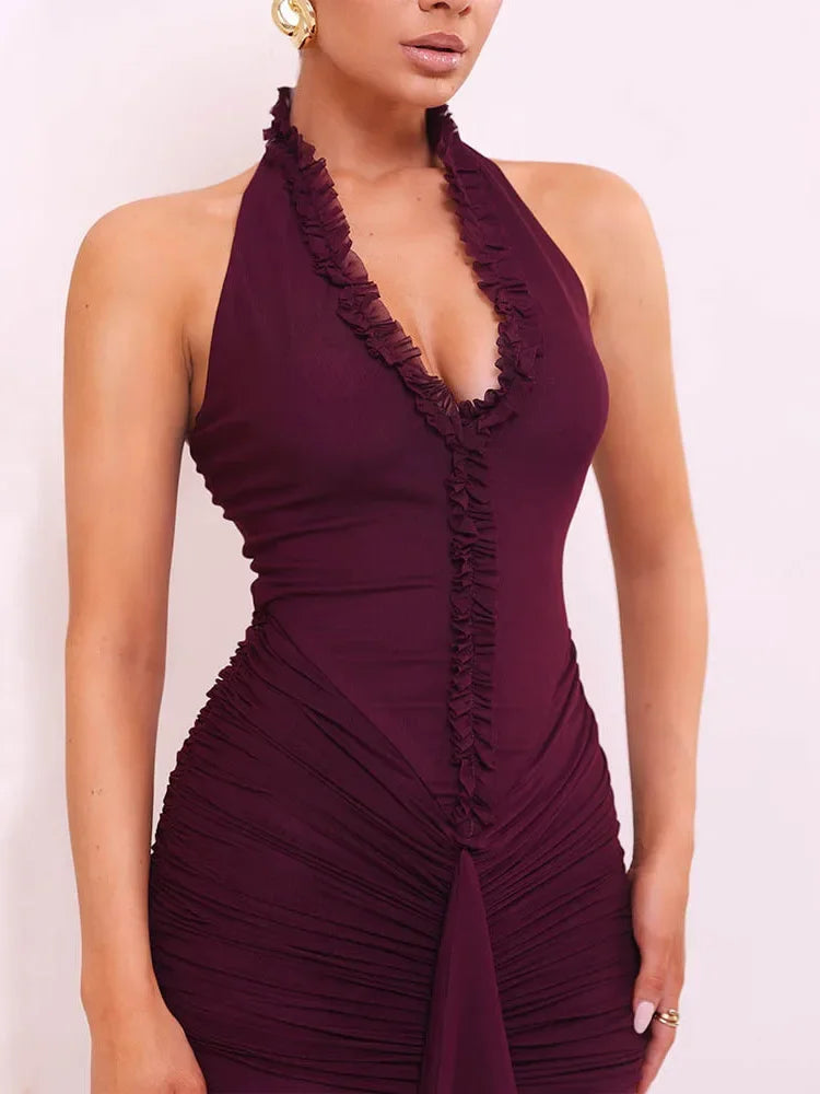 Mesh Pleated Evening Split Maxi Dress Ruffled Sexy Halter Deep V Neck Backless Slim Bodycon Long Dress Elegant Partywear