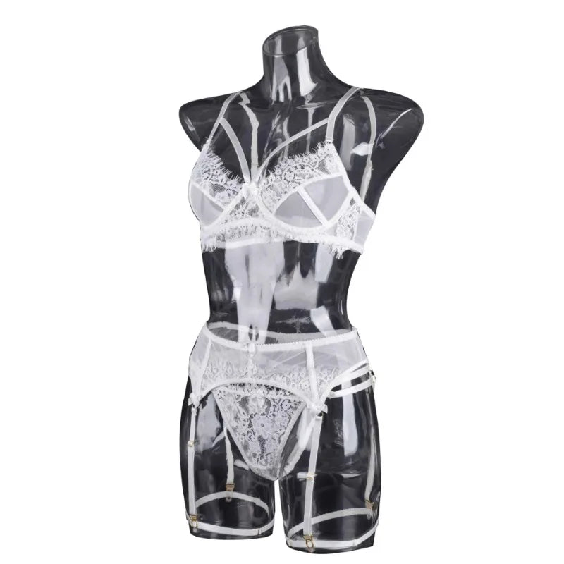 Transparent Lace Bra & Thong with Garter Belt
