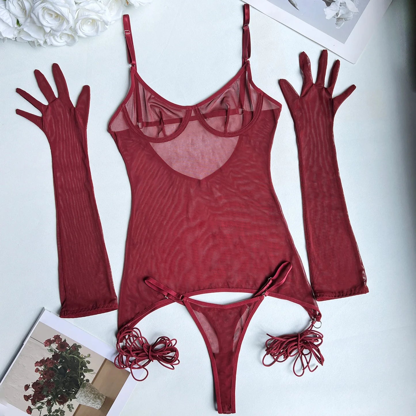 4-Piece Sheer Mesh Lingerie Set – Backless Sexy Nightwear