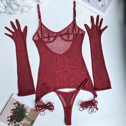 4-Piece Sheer Mesh Lingerie Set – Backless Sexy Nightwear