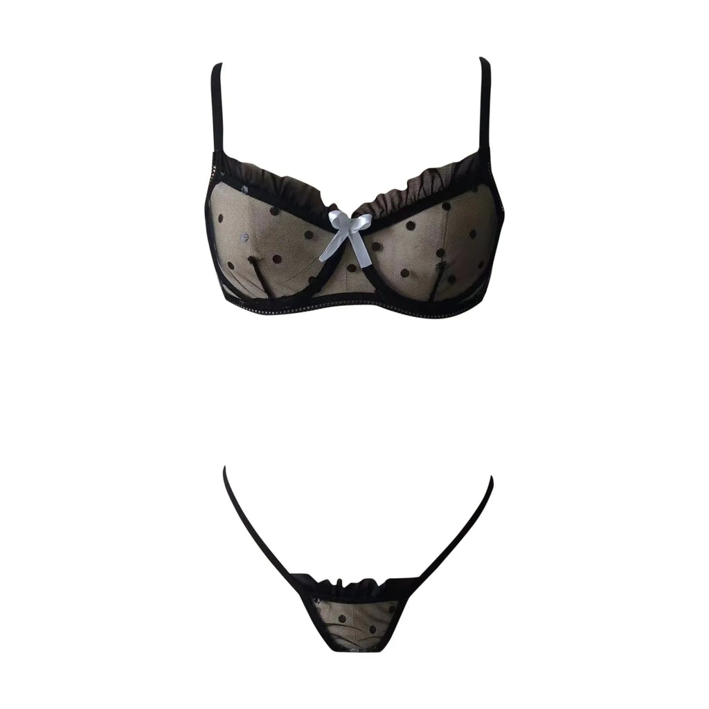 Dot Mesh Lace Underwire Bra & Thong Set