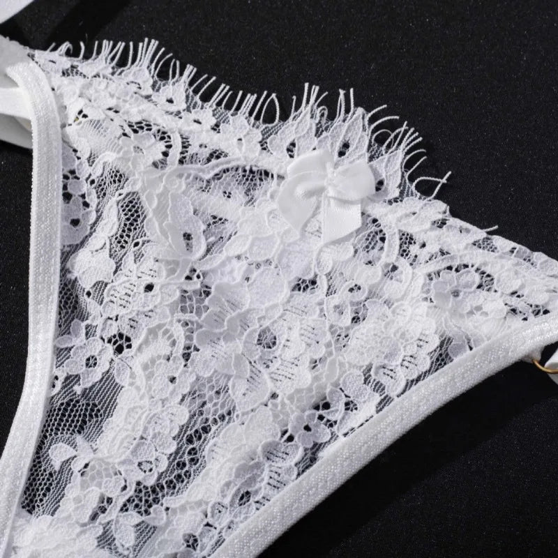 Transparent Lace Bra & Thong with Garter Belt