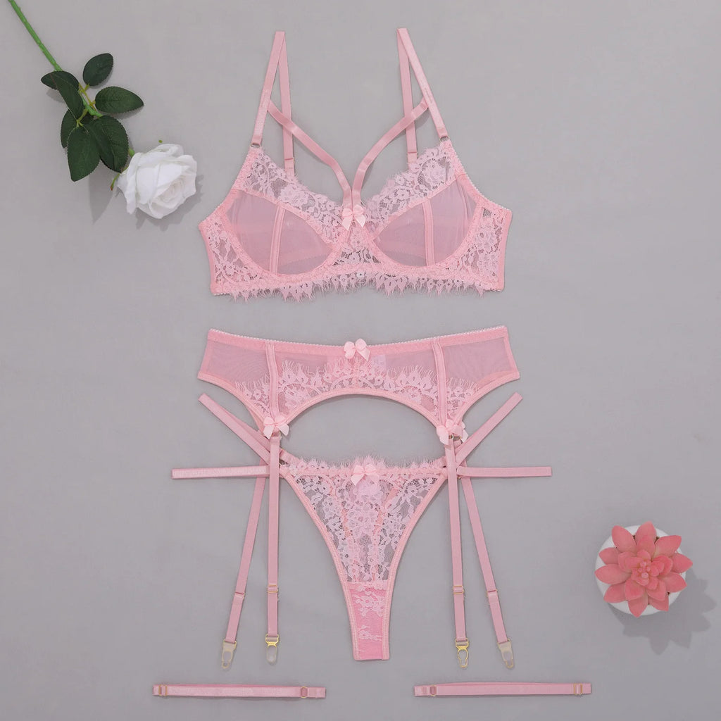Transparent Lace Bra & Thong with Garter Belt