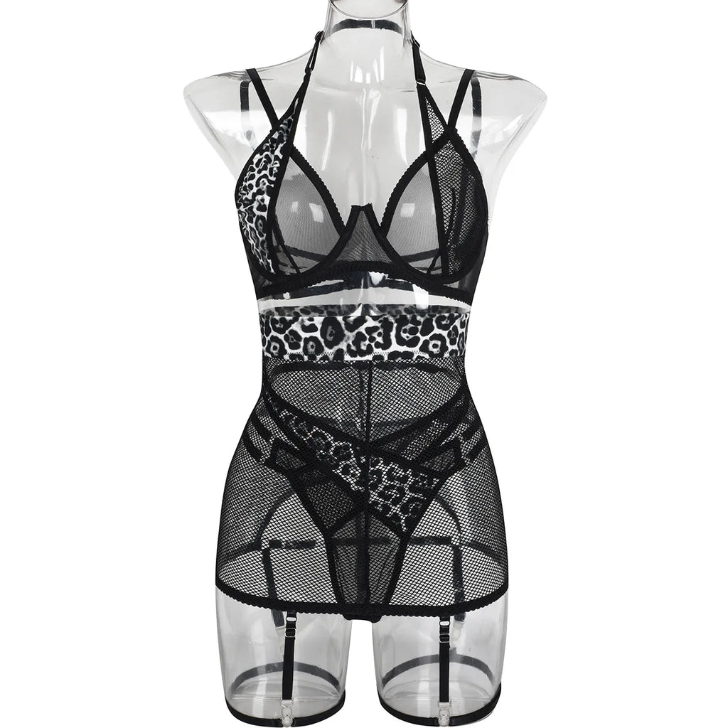 Leopard Patchwork Mesh Lingerie Set (3pcs)