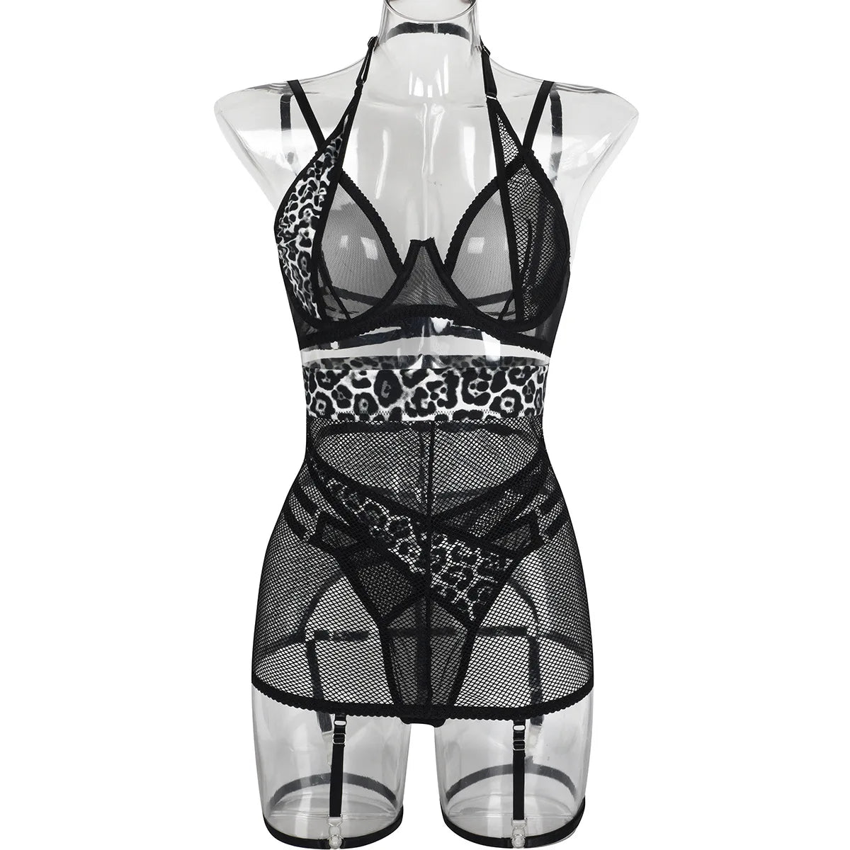 Leopard Patchwork Mesh Lingerie Set (3pcs)