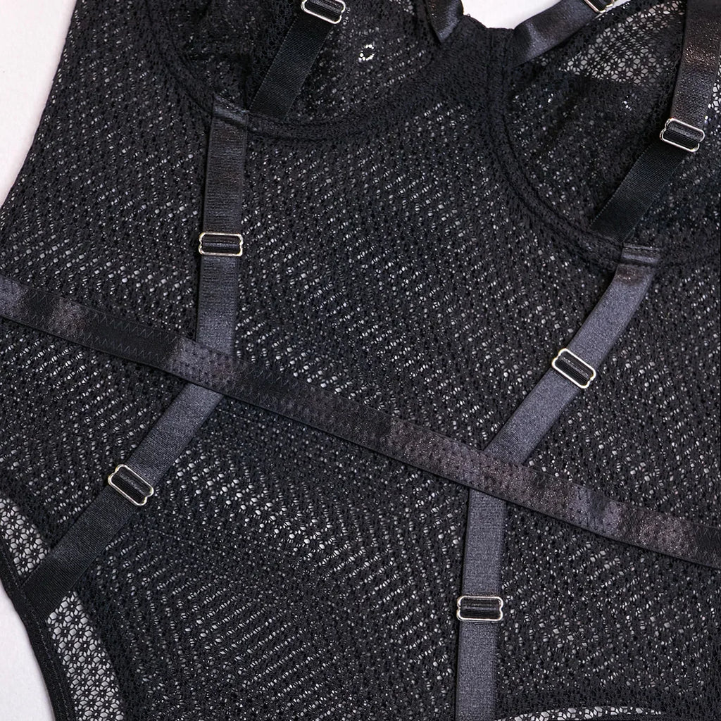 Hollow-Out Lace Bodysuit – Deep V Underwire