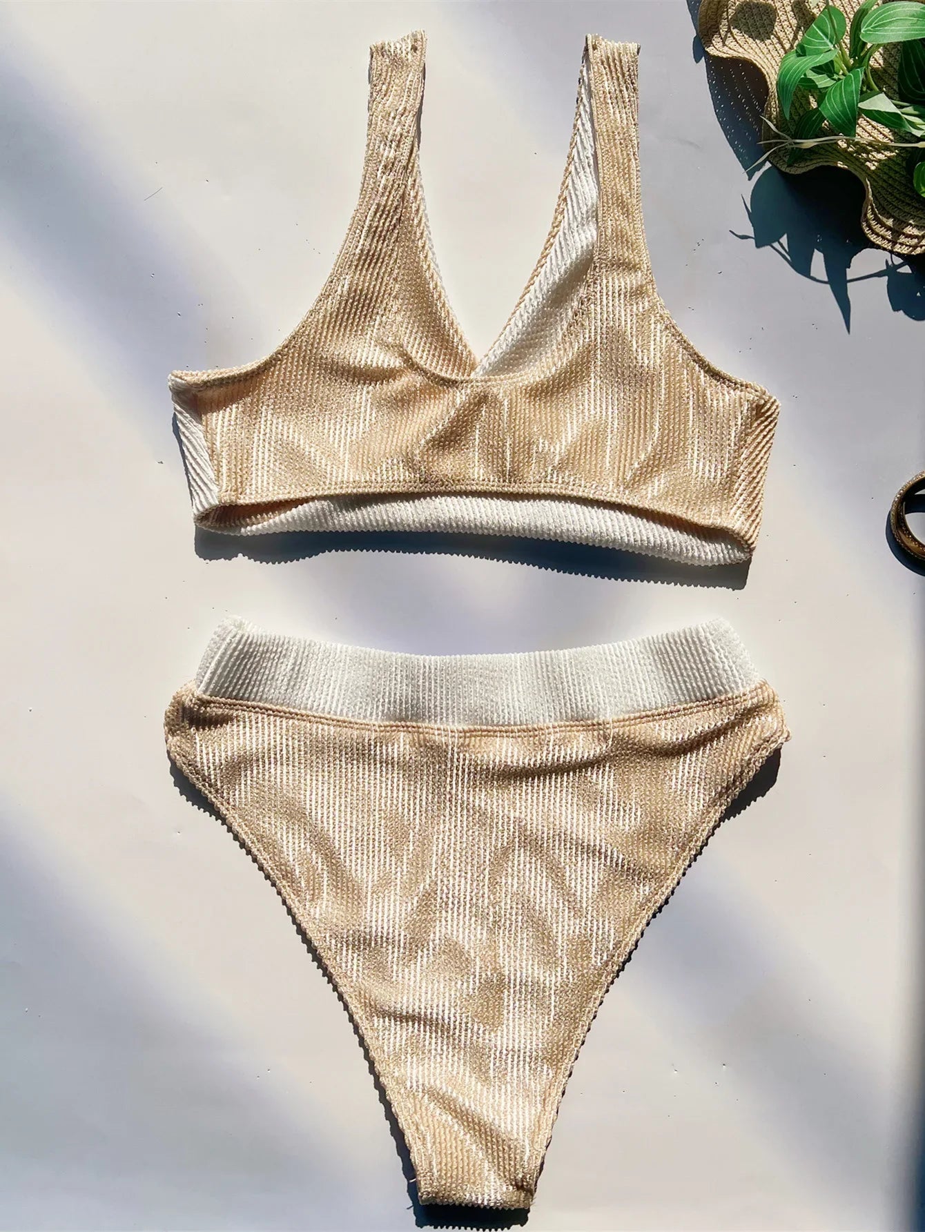 Aria Khaki - Patchwork V-Neck Bikini