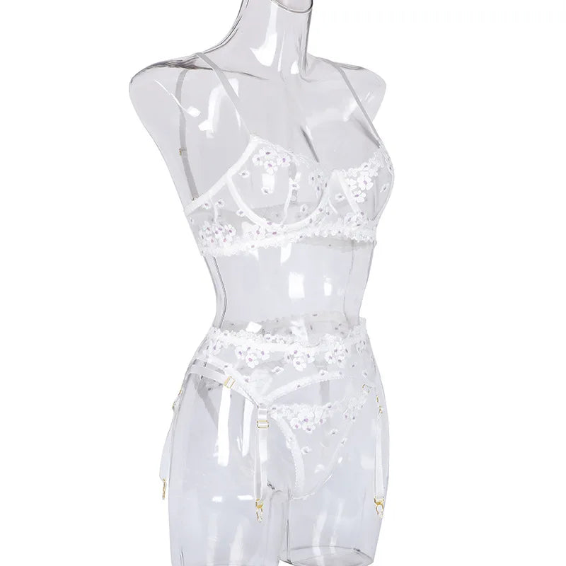 Floral Lace Transparent Bra & Thong Lingerie Set (3pcs)