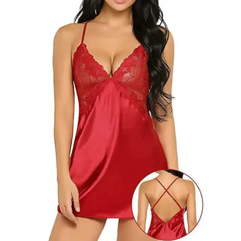 Satin Lace Sexy Nightdress – Erotic Lingerie Babydoll Sleepwear for Ladies