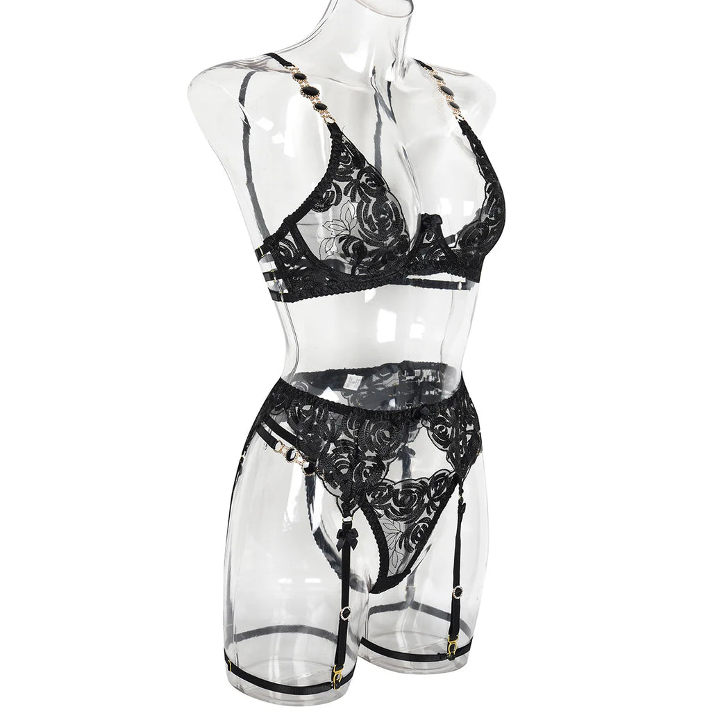 Luxury Embroidered Garter Lingerie Set – 3 Piece