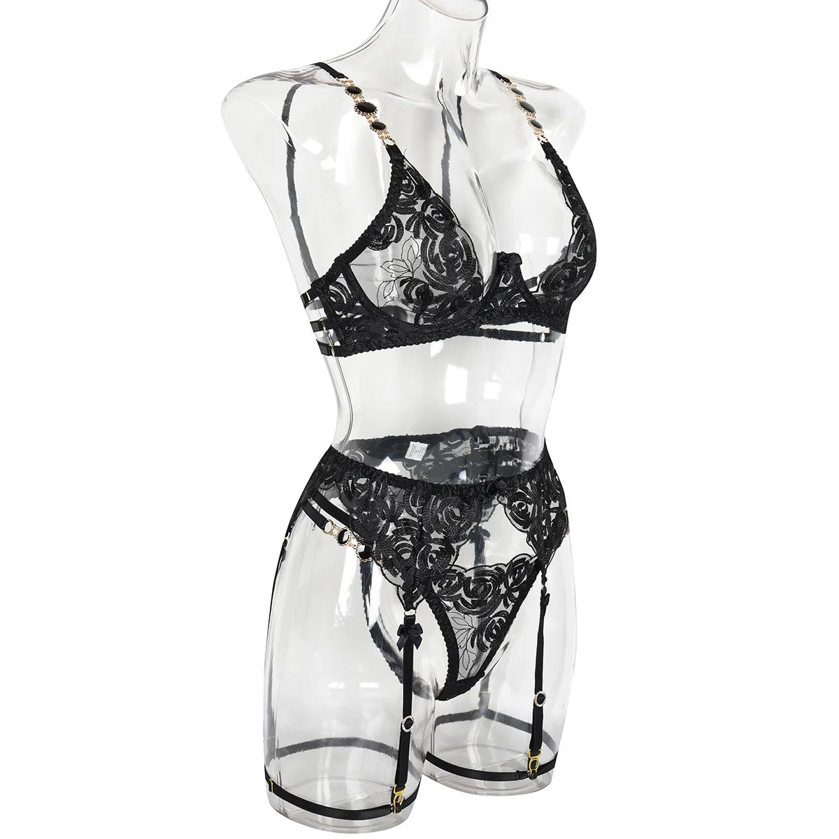 Luxury Embroidered Garter Lingerie Set – 3 Piece