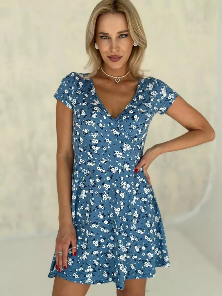 Boho Floral - V Neck Short Sleeve Mini Dresses