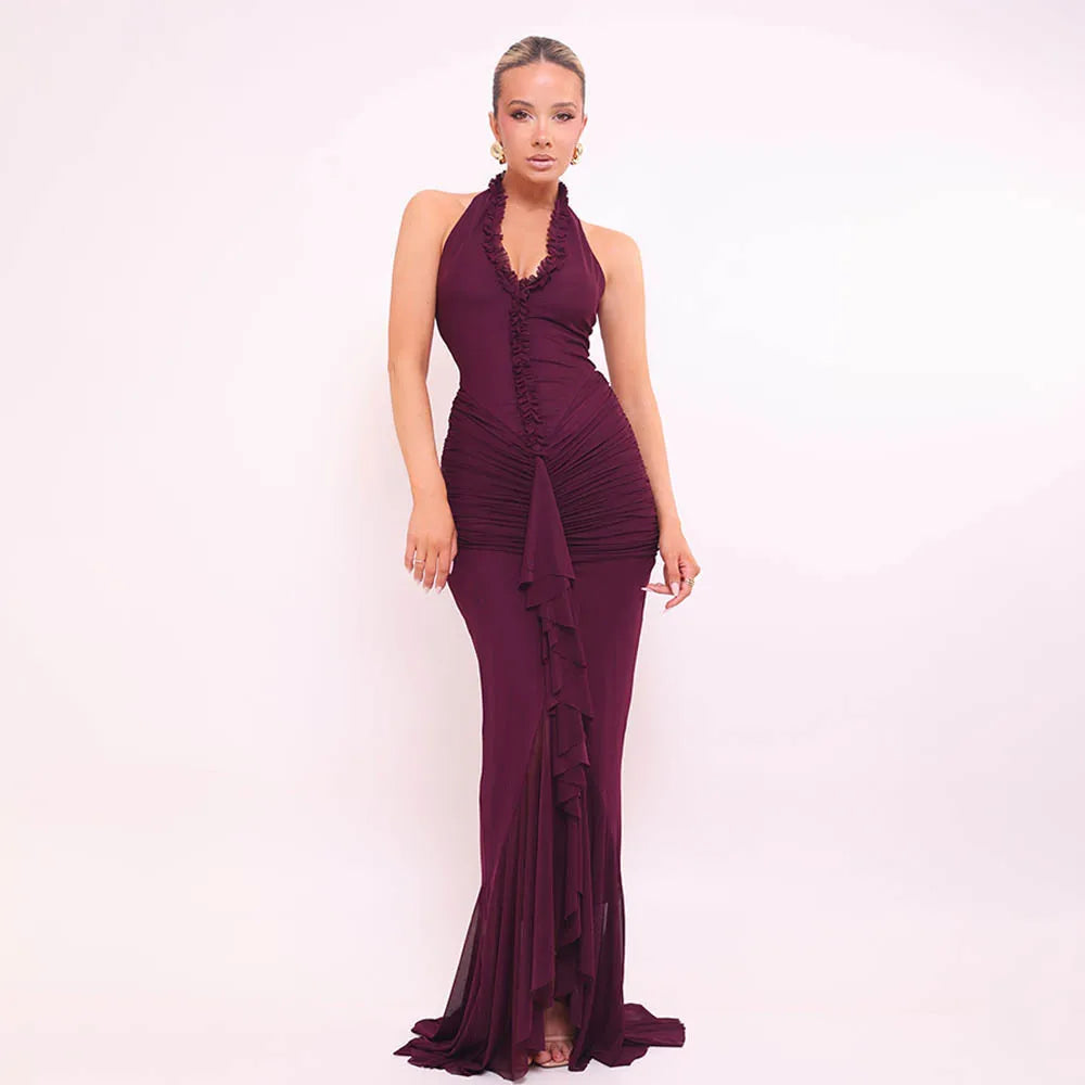 Mesh Pleated Evening Split Maxi Dress Ruffled Sexy Halter Deep V Neck Backless Slim Bodycon Long Dress Elegant Partywear