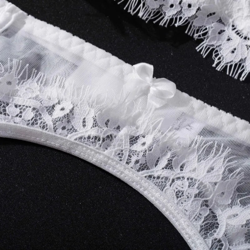 Transparent Lace Bra & Thong with Garter Belt
