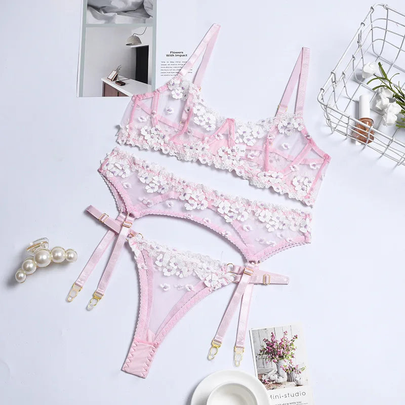 Floral Lace Transparent Bra & Thong Lingerie Set (3pcs)