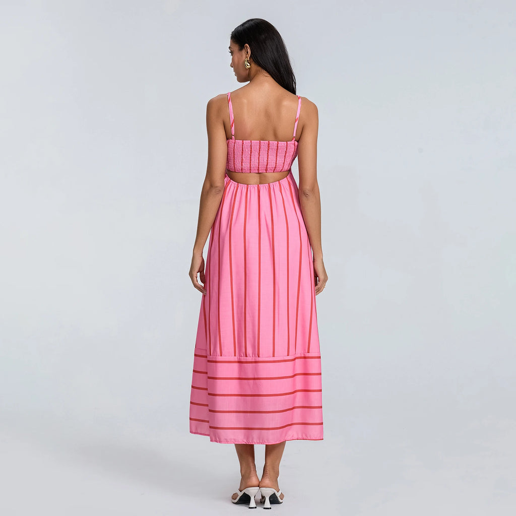Women Summer Sexy Striped Print Sleeveless Backless Maxi Dress Spaghetti Strap Boho Flowy Female Fashion Club Party Vestidos