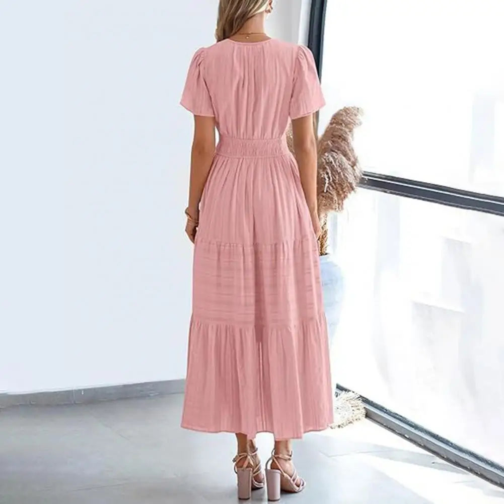 Celebration Party Outfit Elegant V-neck Maxi Dress with Smocked Waist Tiered Flowy Design for Women Summer Pleated Long Dress