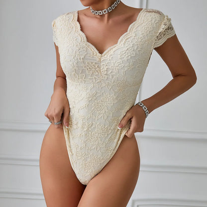 Women’s Floral Embroidery Lace Teddy – V-Neck Backless Bodysuit