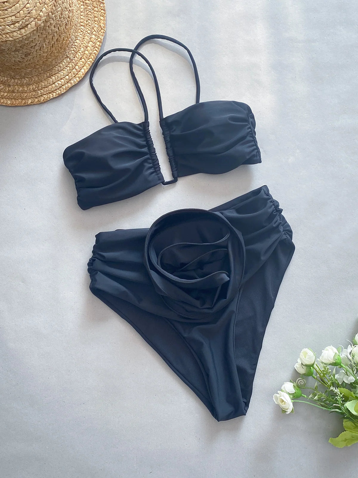 Sexy Bikini 2024 High Waist Bikini Set Bandeau Halter Women Swimsuit Female Swimwear Flower Biquini Swimming Suit Beachwear