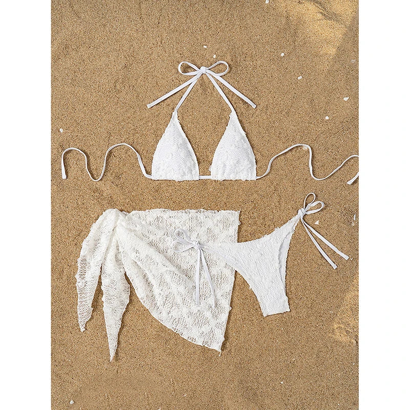 Solid Color Mesh 3 Pieces Bikini Set With Skrit 2025 Swimwear Women Sexy Halter Swimsuit  Beach Bathing Suit