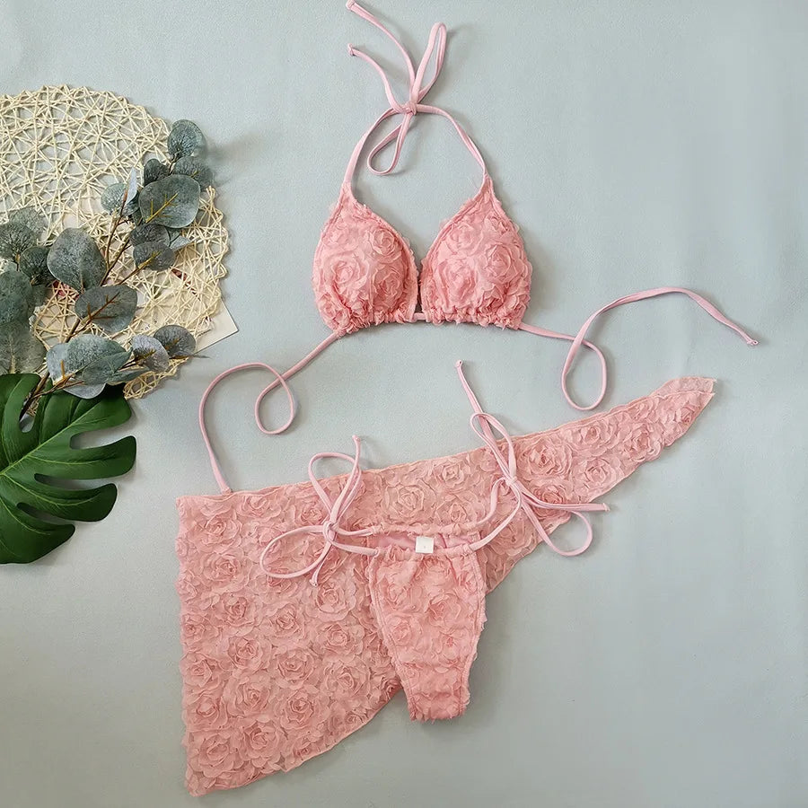 Women's Sexy 3 Piece Bikini Set 3D Flower Beach Skirt Swimsuit Pure Pink Triangle Halter Backless Thong Swimwear 2025 Summer New