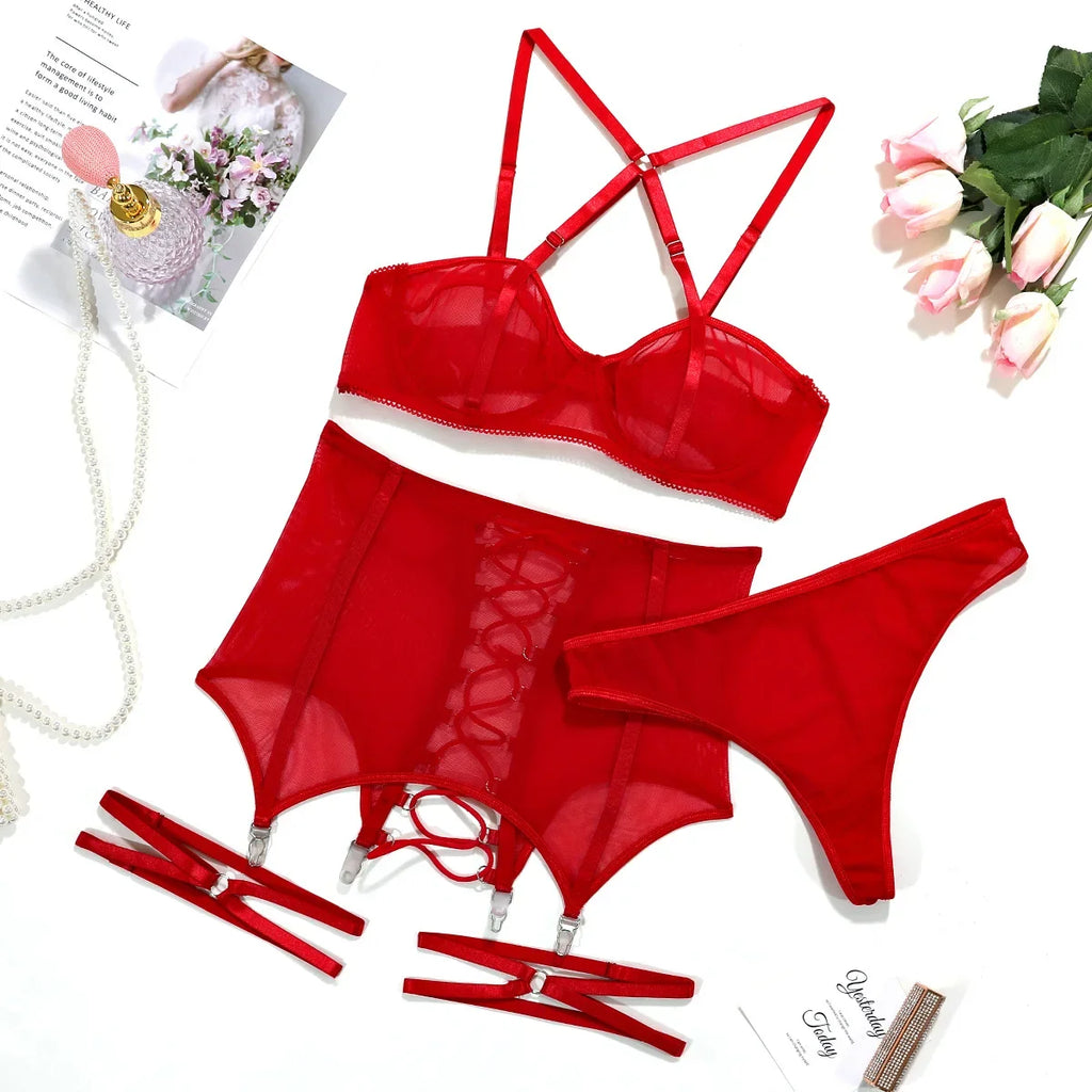 Cross Lace-Up Mesh Lingerie Set – 3 Piece