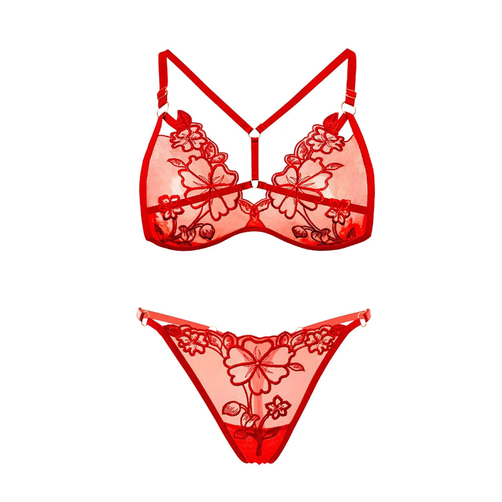 Ultra Thin Mesh Embroidery Bra & Thong Set