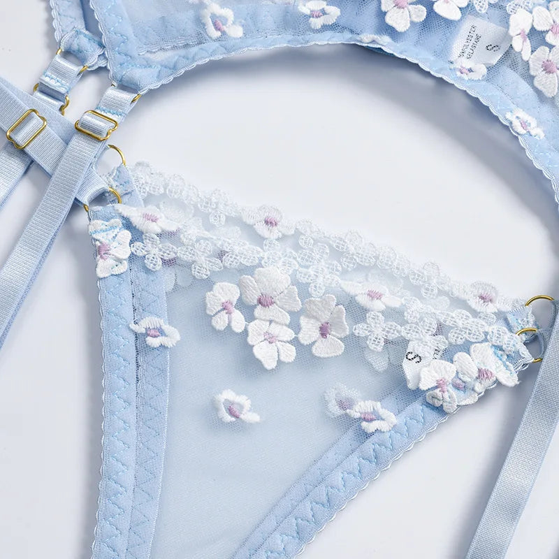 Floral Lace Transparent Bra & Thong Lingerie Set (3pcs)