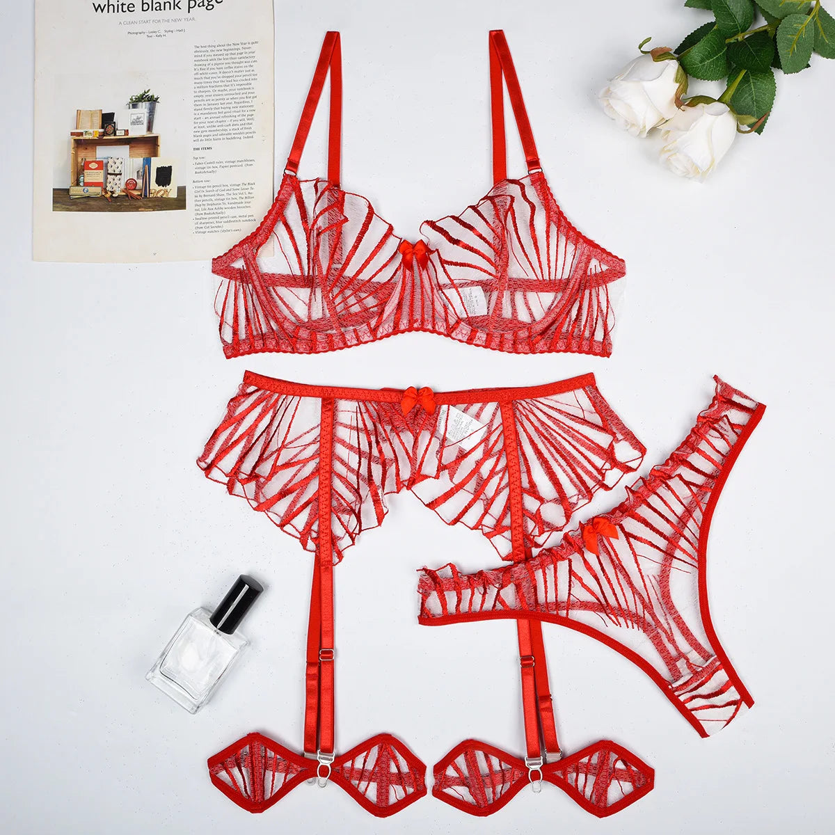 Transparent Lace Panel Bra & Thong Set