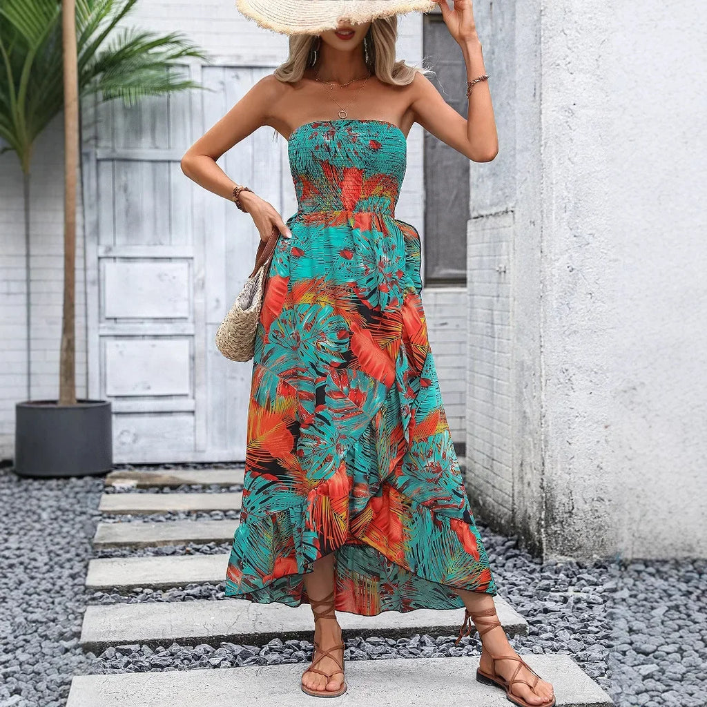 Casual Floral Wrap Bustle Dress