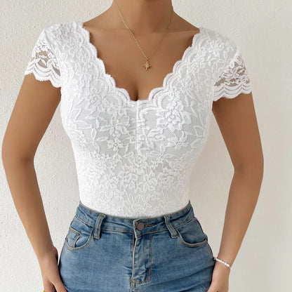 Women’s Floral Embroidery Lace Teddy – V-Neck Backless Bodysuit