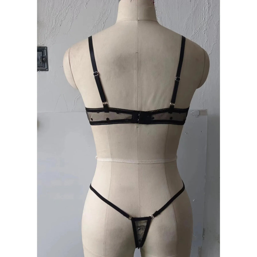 Dot Mesh Lace Underwire Bra & Thong Set