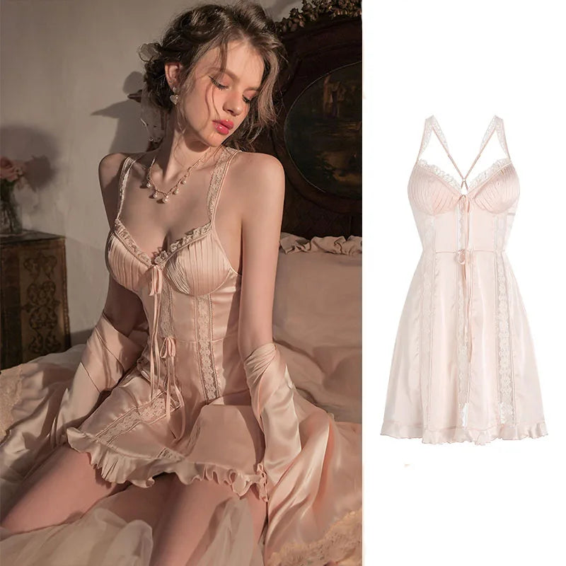 Silky Gauze Floral Nightdress Lingerie Ice Silk Lace Strap Sleepwear