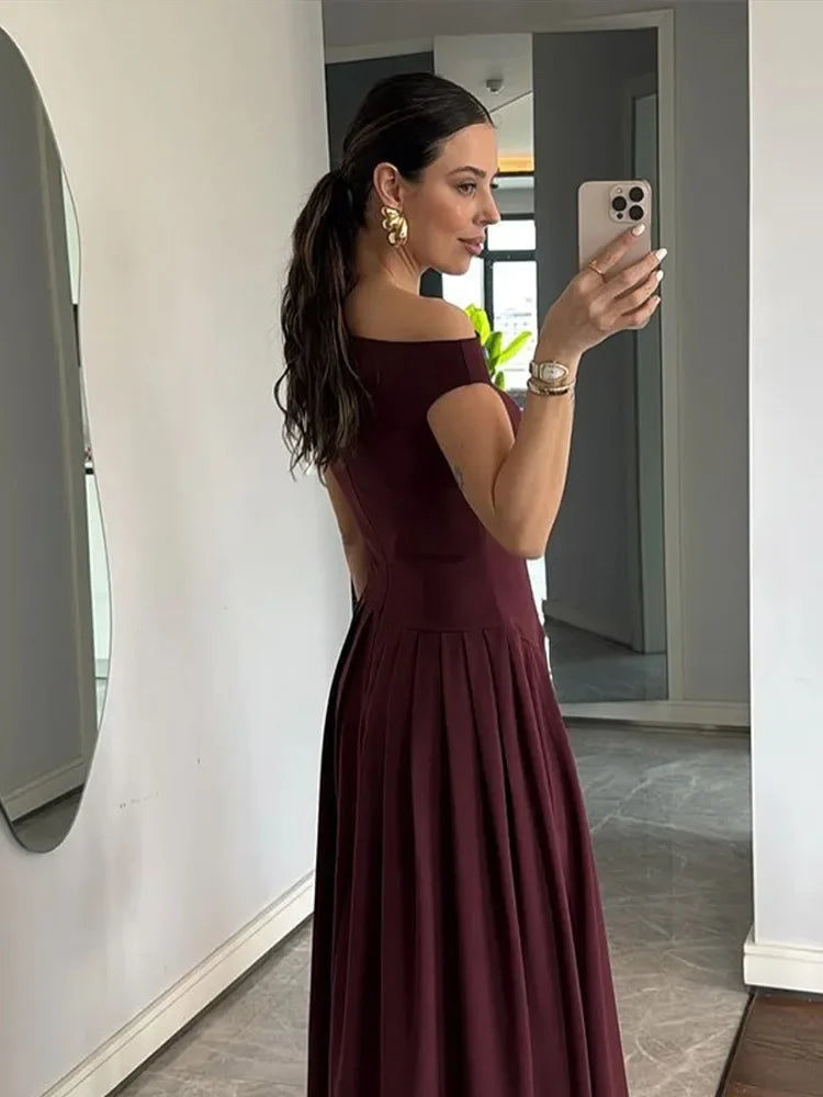 Women Elegant Wine Red Irregular Neck Slim Dress Fashion Sleeveless High Waist Pleated Hem Dresses  Chic Lady Party Robes